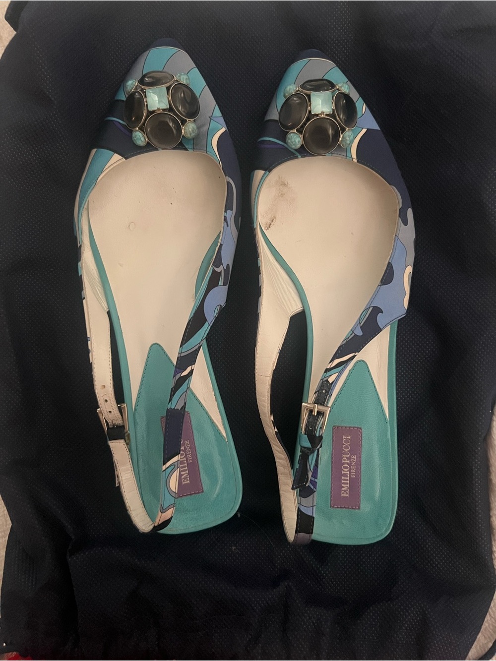 Emilio Pucci Teal & Blue Bejeweled Slingback Flats